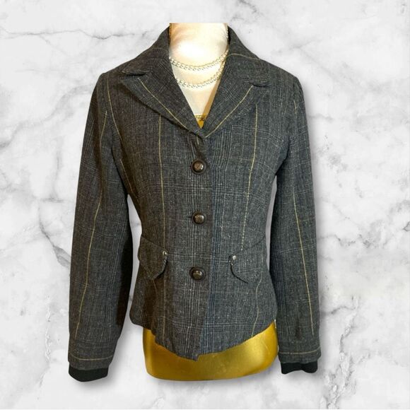 Vintage Y2K "Forever" Women's Grey Green Pinstripe Wool Button Blazer sz S Prepp - Picture 3 of 5